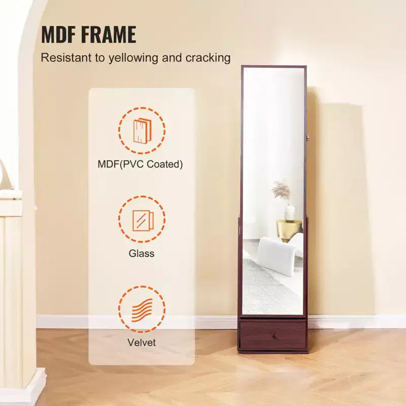 Meuble à bijoux VEVOR avec miroir, miroir pivotant à 360° avec rangement, organisateur de bijoux verrouillable avec miroir pleine longueur, marron