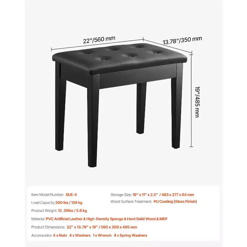 Banc de piano VEVOR, 56 x 35 x 48 cm, tabouret de piano pour clavier avec coussin rembourré haute densité, compartiment de rangement pour livres de musique, noir