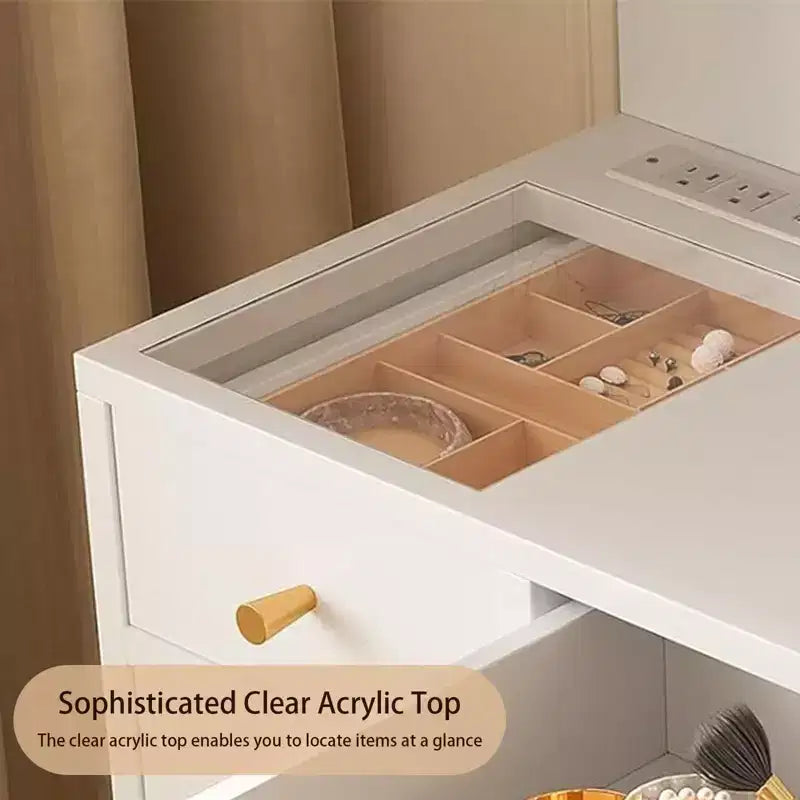 Coiffeuse avec miroir et lumières, table de maquillage éclairée HD de 25,6 po avec 3 tiroirs, 8 étagères, pour chambre à coucher ou dressing - Blanc