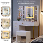 Coiffeuse avec miroir et lumières, table de maquillage éclairée HD de 25,6 po avec 3 tiroirs, 8 étagères, pour chambre à coucher ou dressing - Blanc