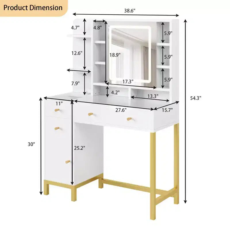 Coiffeuse avec miroir et lumières, table de maquillage éclairée HD de 25,6 po avec 3 tiroirs, 8 étagères, pour chambre à coucher ou dressing - Blanc
