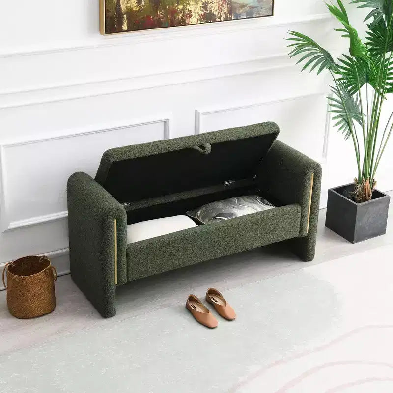 Banc de bout de lit moderne TUYOHW avec accoudoirs et rangement, grand repose-pieds rembourré, banc de fenêtre confortable pour le salon, vert olive
