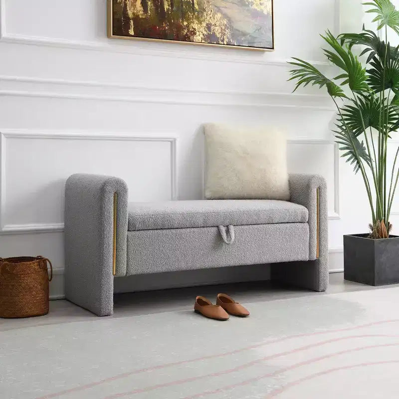TUYOHW Banc de bout de lit moderne avec accoudoirs et rangement, grand repose-pieds rembourré, banc de fenêtre confortable pour le salon, gris
