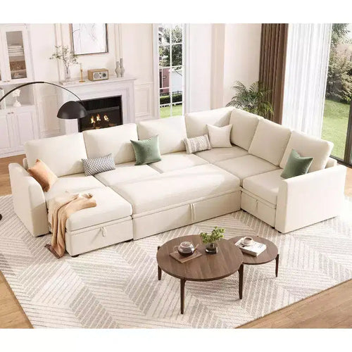 Acekool U-Shaped Sectional Sleeper Sofa with Pull Out Bed, Modular Couch, Storage Seats & Ottoman, Convertible for Living Room