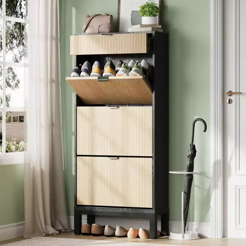 GustoWave Shoe Cabinet with 3 Flip Doors & 1 Drawer, Entrance Wooden Shoe Rack with Iron Legs, Slim Shoe Storage Cabinet, Modern Fluted Shoe Organizer