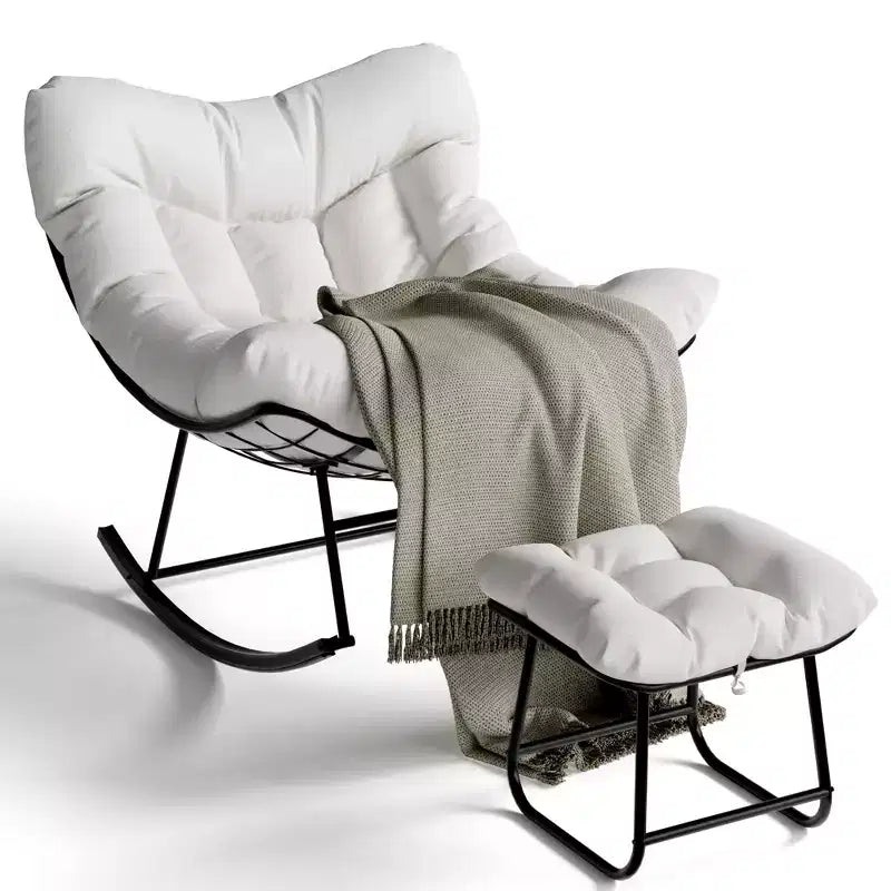 Chaise berçante d'extérieur TROPOW Papasan avec ottoman, grand fauteuil œuf en osier pour patio avec coussin épais et moelleux, fauteuil à bascule de salon, fauteuils de lecture confortables