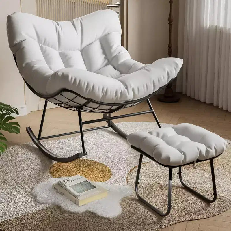 Chaise berçante d'extérieur TROPOW Papasan avec ottoman, grand fauteuil œuf en osier pour patio avec coussin épais et moelleux, fauteuil à bascule de salon, fauteuils de lecture confortables