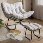 Chaise berçante d'extérieur TROPOW Papasan avec ottoman, grand fauteuil œuf en osier pour patio avec coussin épais et moelleux, fauteuil à bascule de salon, fauteuils de lecture confortables