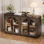 MAYEERTY Bahut de rangement 4 portes avec portes vitrées et étagères réglables pour salon ou cuisine, couleur expresso
