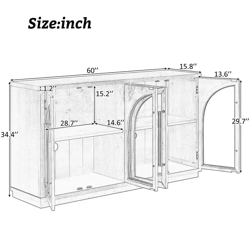 MAYEERTY Bahut de rangement 4 portes avec portes vitrées et étagères réglables pour salon ou cuisine, couleur expresso