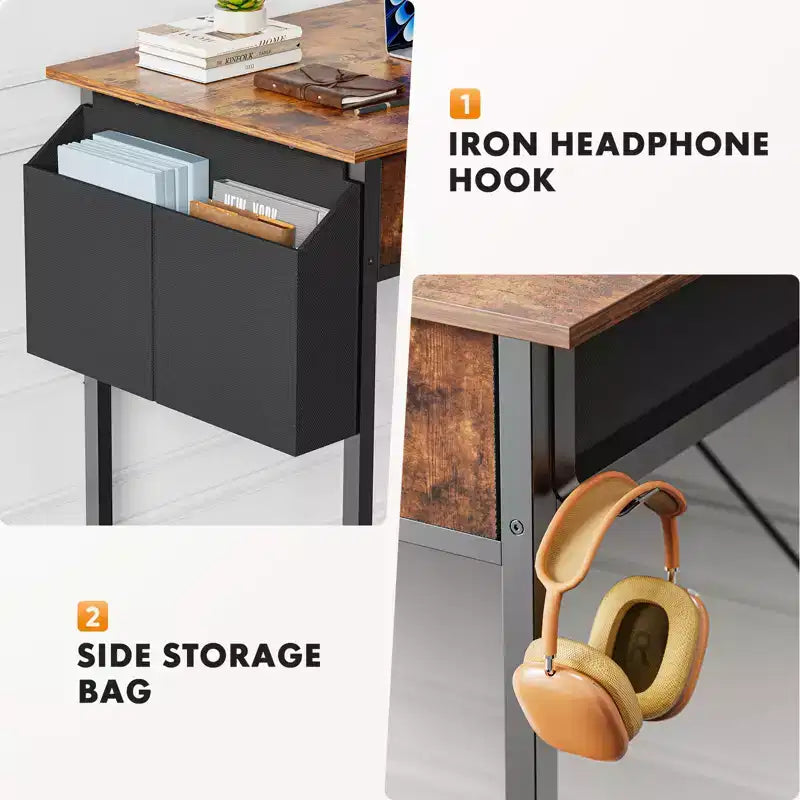 Bureau informatique avec rangement, Petite table PC d'étude pour bureau à domicile avec sac latéral en tissu et crochet pour casque, Cadre en métal (81,3 x 40 x 77,7 cm)