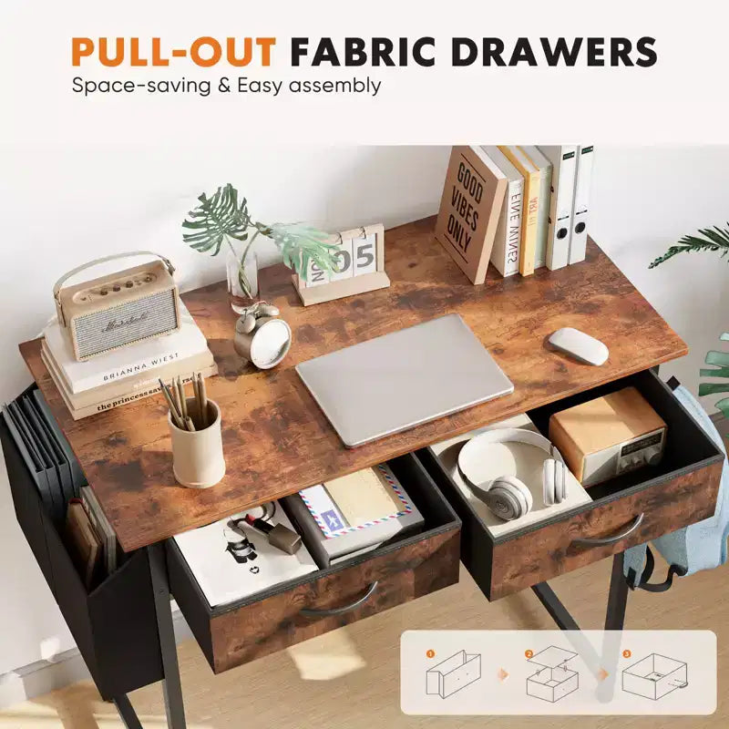 Bureau informatique avec rangement, Petite table PC d'étude pour bureau à domicile avec sac latéral en tissu et crochet pour casque, Cadre en métal (81,3 x 40 x 77,7 cm)
