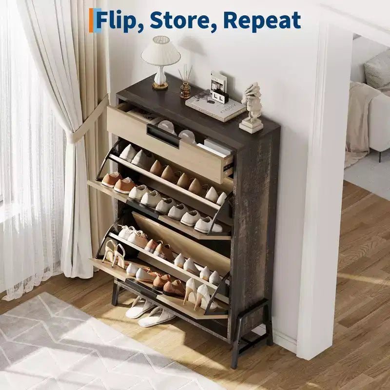 Organisateur de rangement de chaussures GustoWave avec 2 tiroirs basculants et 1 tiroir, meuble à chaussures étroit autoportant, organisateur de rangement de chaussures