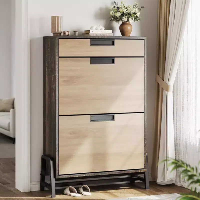 GustoWave Shoe Storage Organizer with 2 Flip Drawers and 1 Drawer, Freestanding Narrow Shoe Rack, Shoe Storage Organizer