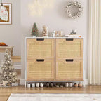 Meuble de rangement en rotin naturel avec 2 tiroirs basculants, meuble à chaussures en bois pour entrée avec rangement, étagère réglable et pieds en métal