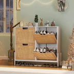 Meuble de rangement en rotin naturel avec 2 tiroirs basculants, meuble à chaussures en bois pour entrée avec rangement, étagère réglable et pieds en métal