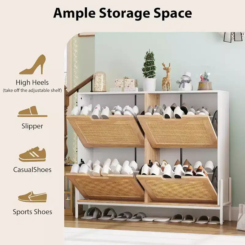 Meuble de rangement en rotin naturel avec 2 tiroirs basculants, meuble à chaussures en bois pour entrée avec rangement, étagère réglable et pieds en métal