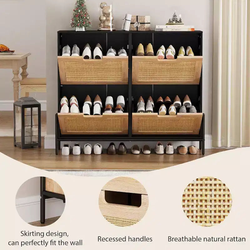 Meuble de rangement en rotin naturel avec 2 tiroirs basculants, meuble à chaussures en bois pour entrée avec rangement, étagère réglable et pieds en métal