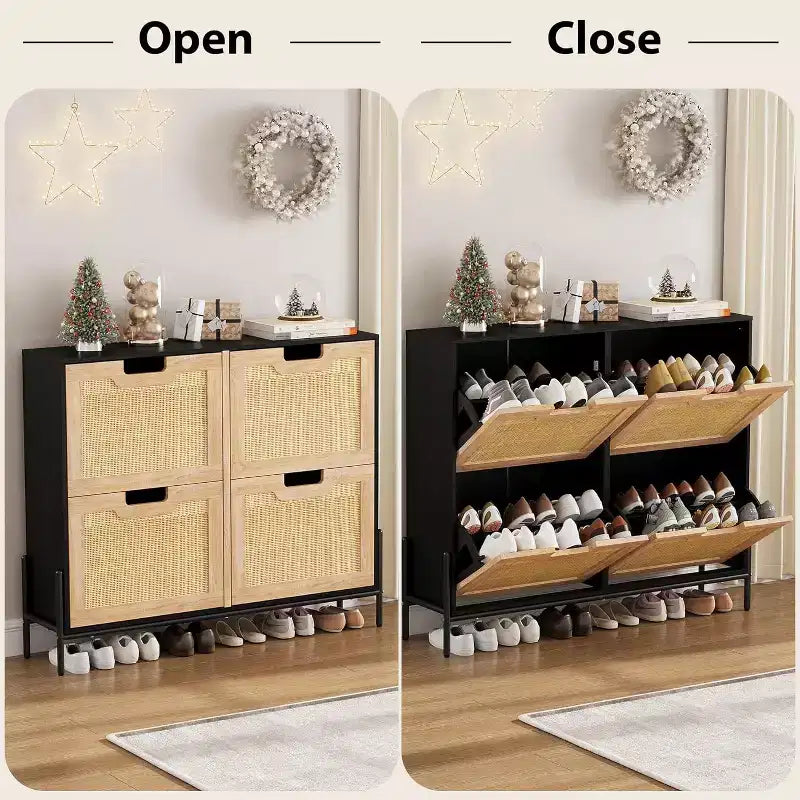 Meuble de rangement en rotin naturel avec 2 tiroirs basculants, meuble à chaussures en bois pour entrée avec rangement, étagère réglable et pieds en métal