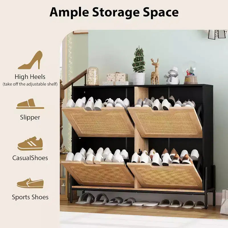 Meuble de rangement en rotin naturel avec 2 tiroirs basculants, meuble à chaussures en bois pour entrée avec rangement, étagère réglable et pieds en métal