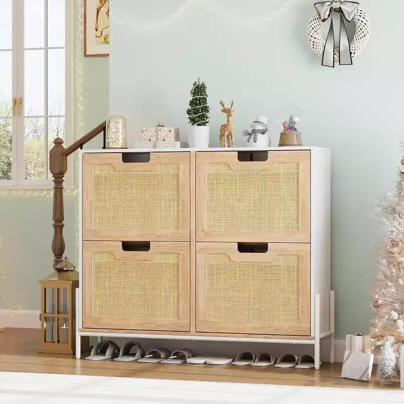 Meuble de rangement en rotin naturel avec 2 tiroirs basculants, meuble à chaussures en bois pour entrée avec rangement, étagère réglable et pieds en métal