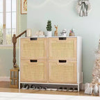 Meuble de rangement en rotin naturel avec 2 tiroirs basculants, meuble à chaussures en bois pour entrée avec rangement, étagère réglable et pieds en métal