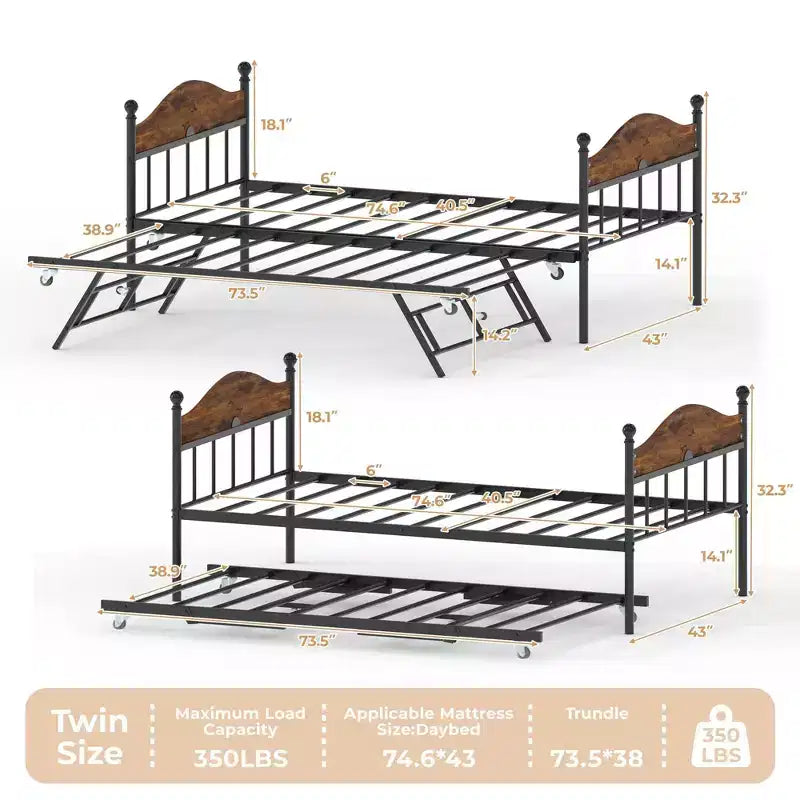 Lit de repos double en métal GustoWave avec lit gigogne pliant, lit de repos peu encombrant