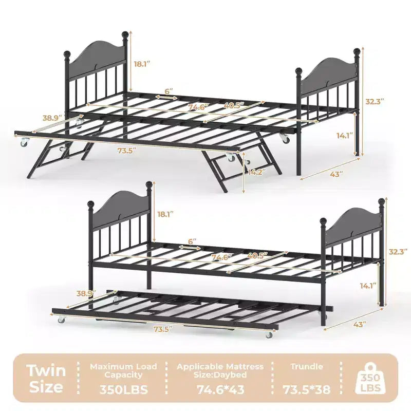 Lit de repos double en métal GustoWave avec lit gigogne pliant, lit de repos peu encombrant