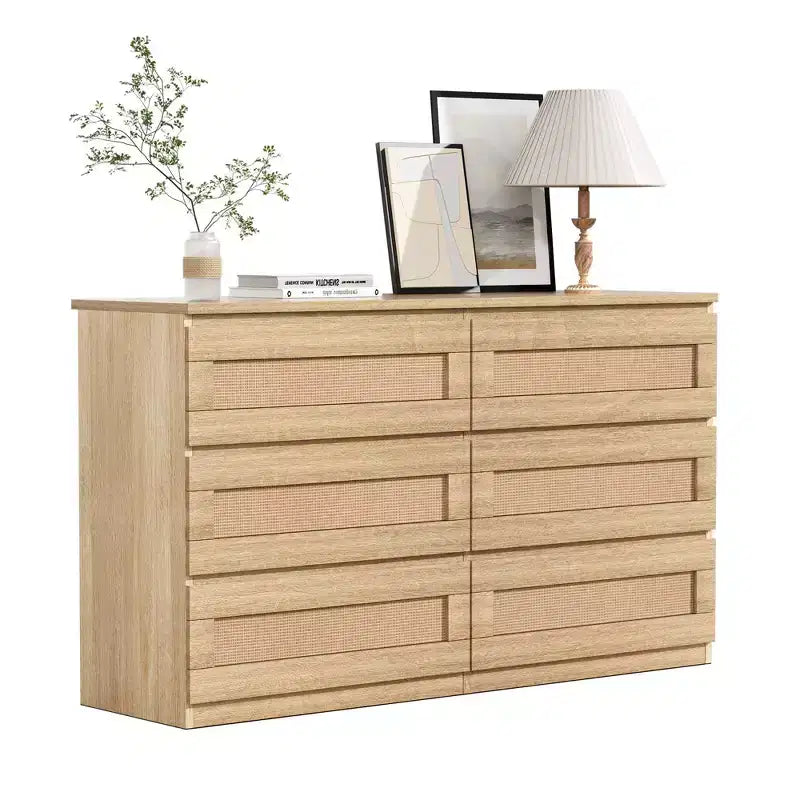 Commode en rotin à 6 tiroirs - Meuble de rangement en bois mince, Organisateur autoportant pour chambre et entrée