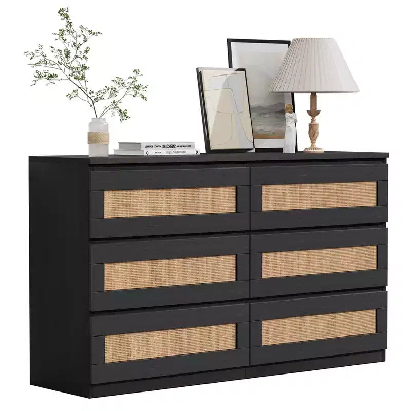 Commode en rotin à 6 tiroirs - Meuble de rangement en bois mince, Organisateur autoportant pour chambre et entrée