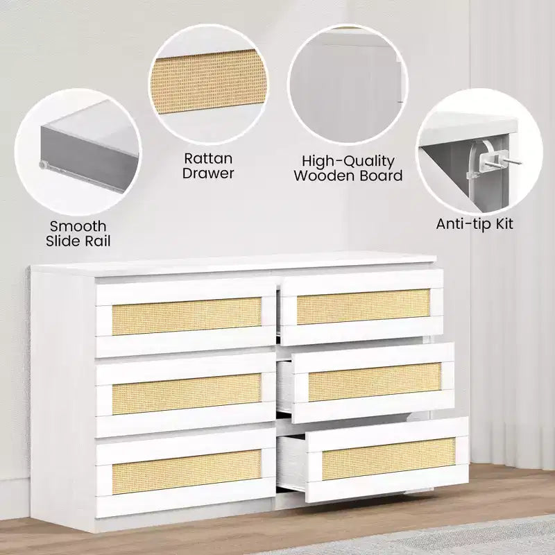 Commode en rotin à 6 tiroirs - Meuble de rangement en bois mince, Organisateur autoportant pour chambre et entrée