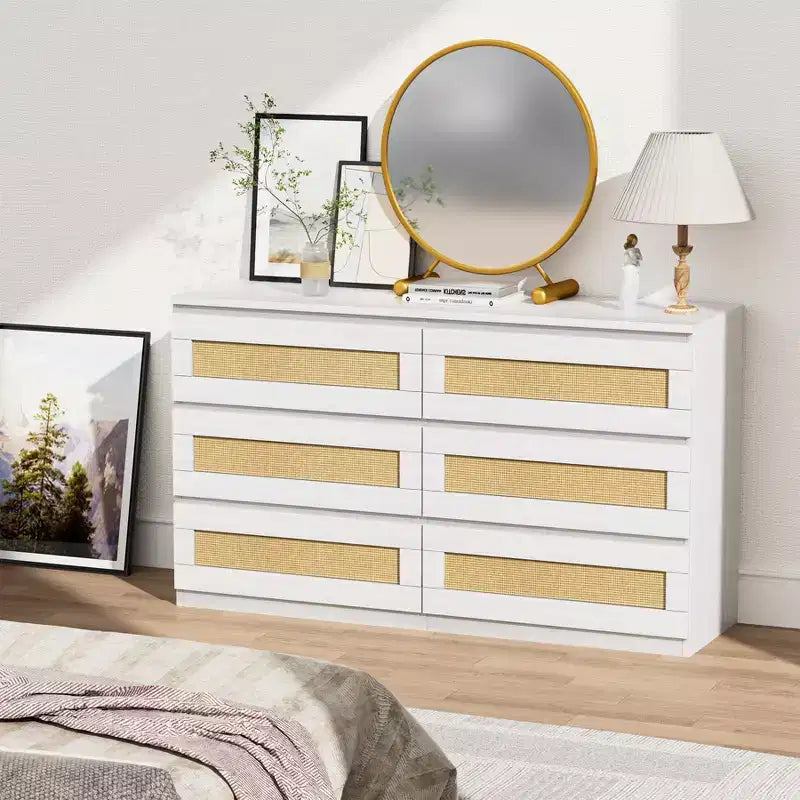 Commode en rotin à 6 tiroirs - Meuble de rangement en bois mince, Organisateur autoportant pour chambre et entrée