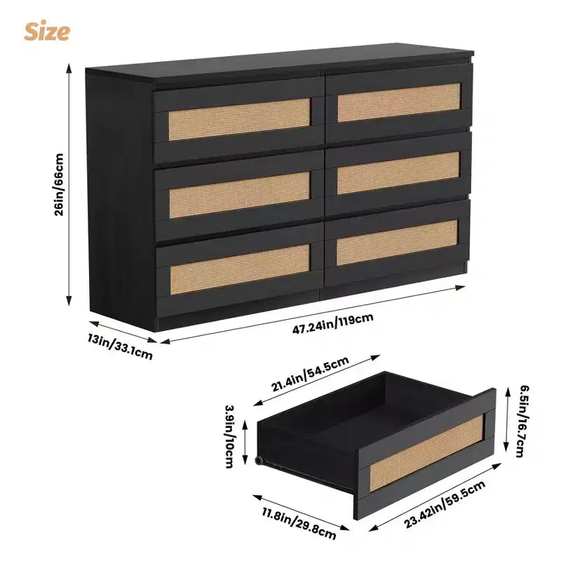 Commode en rotin à 6 tiroirs - Meuble de rangement en bois mince, Organisateur autoportant pour chambre et entrée
