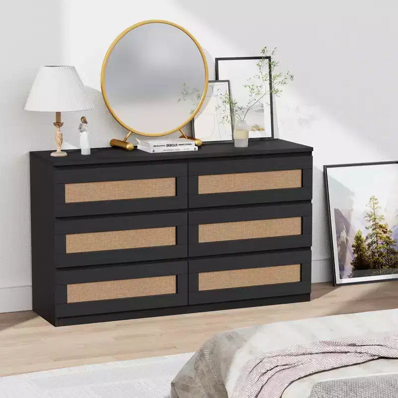 Commode en rotin à 6 tiroirs - Meuble de rangement en bois mince, Organisateur autoportant pour chambre et entrée