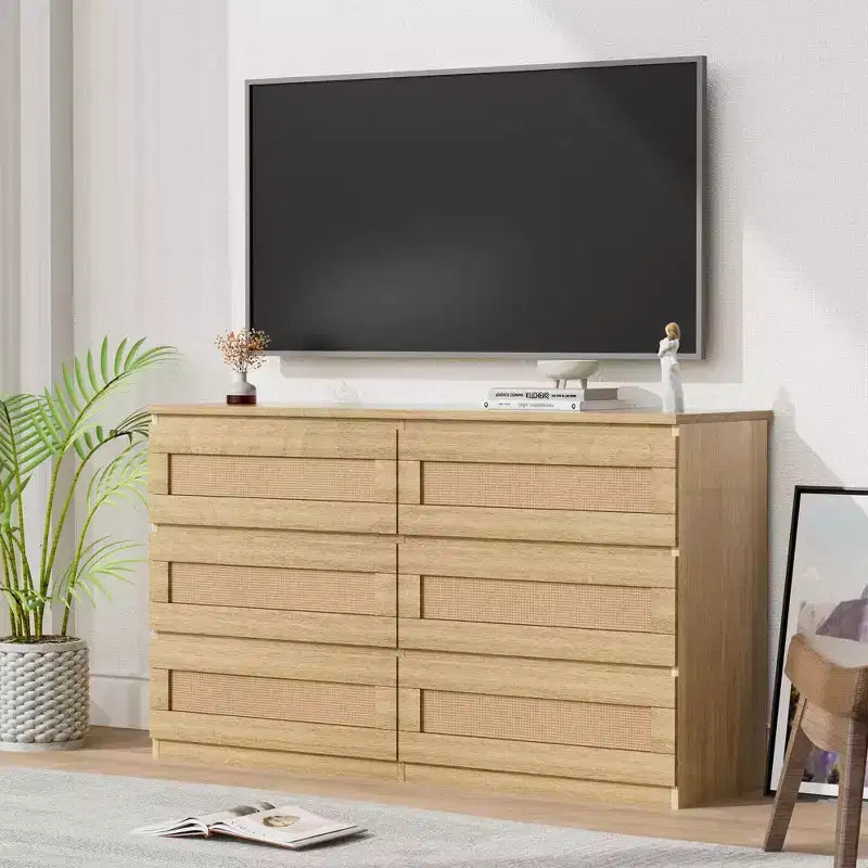 Commode en rotin à 6 tiroirs - Meuble de rangement en bois mince, Organisateur autoportant pour chambre et entrée