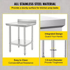 VEVOR Table de Travail en Acier Inoxydable 61 x 61 x 89 cm, Table de Préparation Commerciale Robuste, Table de Travail en Métal, Argent