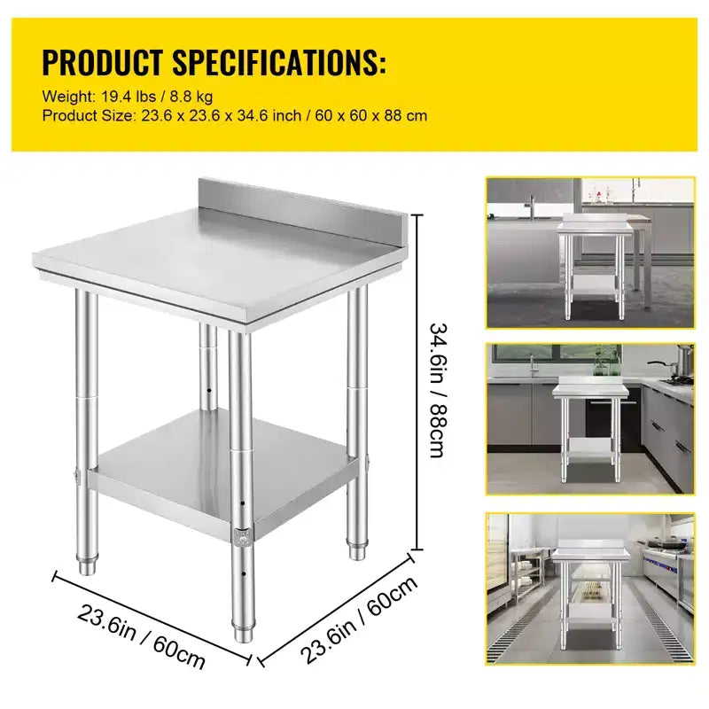 VEVOR Table de Travail en Acier Inoxydable 61 x 61 x 89 cm, Table de Préparation Commerciale Robuste, Table de Travail en Métal, Argent