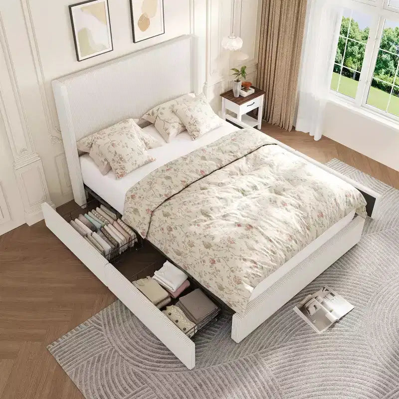 Cadre de lit plateforme rembourré avec tiroirs de rangement, dossier ailé en velours côtelé avec tête et pied de lit touffetés, pas besoin de sommier tapissier