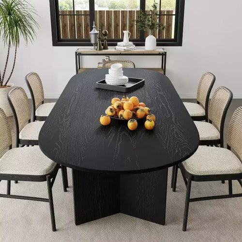 Grande table à manger ovale noire 79 Farmhouse pour 6 à 8 personnes avec pieds en V pour salle à manger et salon