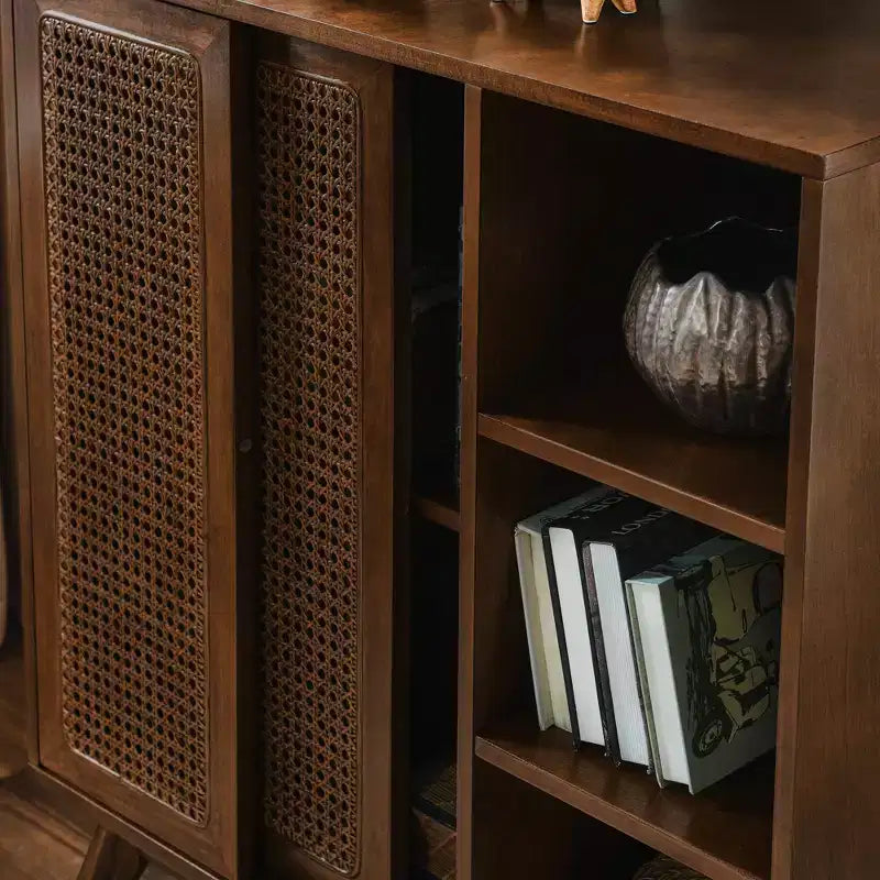 Bahut moderne en rotin Okak avec rangement multicouche, buffet de café en bois massif pour cuisine/entrée/salle à manger/salon