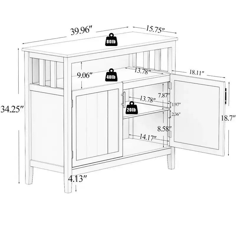 Buffet de cuisine Okak avec rangement, enfilade de cuisine avec 1 étagère ouverte et 1 étagère réglable, table console d'appoint pour salon/salle à manger