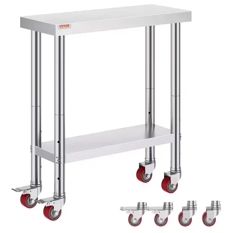 VEVOR Stainless Steel Work Table 30 x 12 x 34 Inch, 700 LBS Load Capacity with 4 Wheels, 3 Adjustable Height Levels, Silver