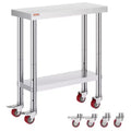 VEVOR Stainless Steel Work Table 30 x 12 x 34 Inch, 700 LBS Load Capacity with 4 Wheels, 3 Adjustable Height Levels, Silver
