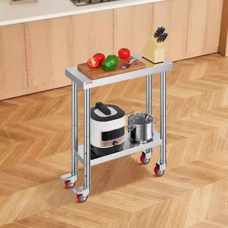 Table de Travail en Acier Inoxydable VEVOR 30 x 12 x 34 Pouces, Capacité de Charge 700 LBS avec 4 Roues, 3 Niveaux de Hauteur Réglables, Argent