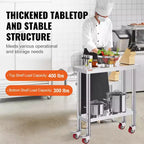 Table de Travail en Acier Inoxydable VEVOR 30 x 12 x 34 Pouces, Capacité de Charge 700 LBS avec 4 Roues, 3 Niveaux de Hauteur Réglables, Argent