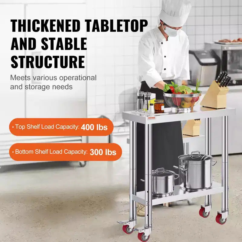 Table de Travail en Acier Inoxydable VEVOR 30 x 12 x 34 Pouces, Capacité de Charge 700 LBS avec 4 Roues, 3 Niveaux de Hauteur Réglables, Argent
