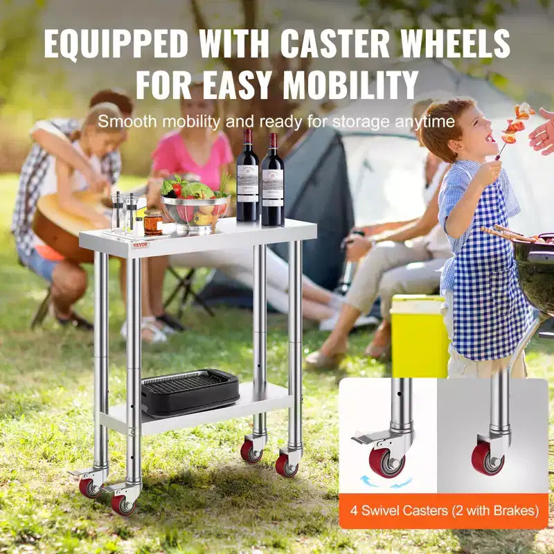 Table de Travail en Acier Inoxydable VEVOR 30 x 12 x 34 Pouces, Capacité de Charge 700 LBS avec 4 Roues, 3 Niveaux de Hauteur Réglables, Argent