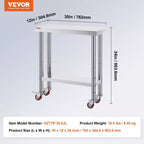 Table de Travail en Acier Inoxydable VEVOR 30 x 12 x 34 Pouces, Capacité de Charge 700 LBS avec 4 Roues, 3 Niveaux de Hauteur Réglables, Argent