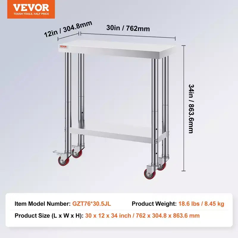 Table de Travail en Acier Inoxydable VEVOR 30 x 12 x 34 Pouces, Capacité de Charge 700 LBS avec 4 Roues, 3 Niveaux de Hauteur Réglables, Argent