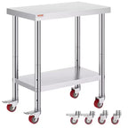 VEVOR Stainless Steel Work Table 30 x 18 x 34 Inch, 700 LBS Load Capacity with 4 Wheels, 3 Adjustable Height Levels, Silver